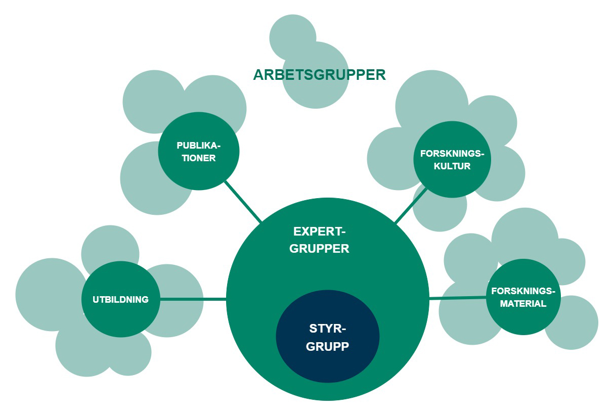 Illustration av samordningens struktur med styrgryppen, expertgrupper och arbetsgrupper.