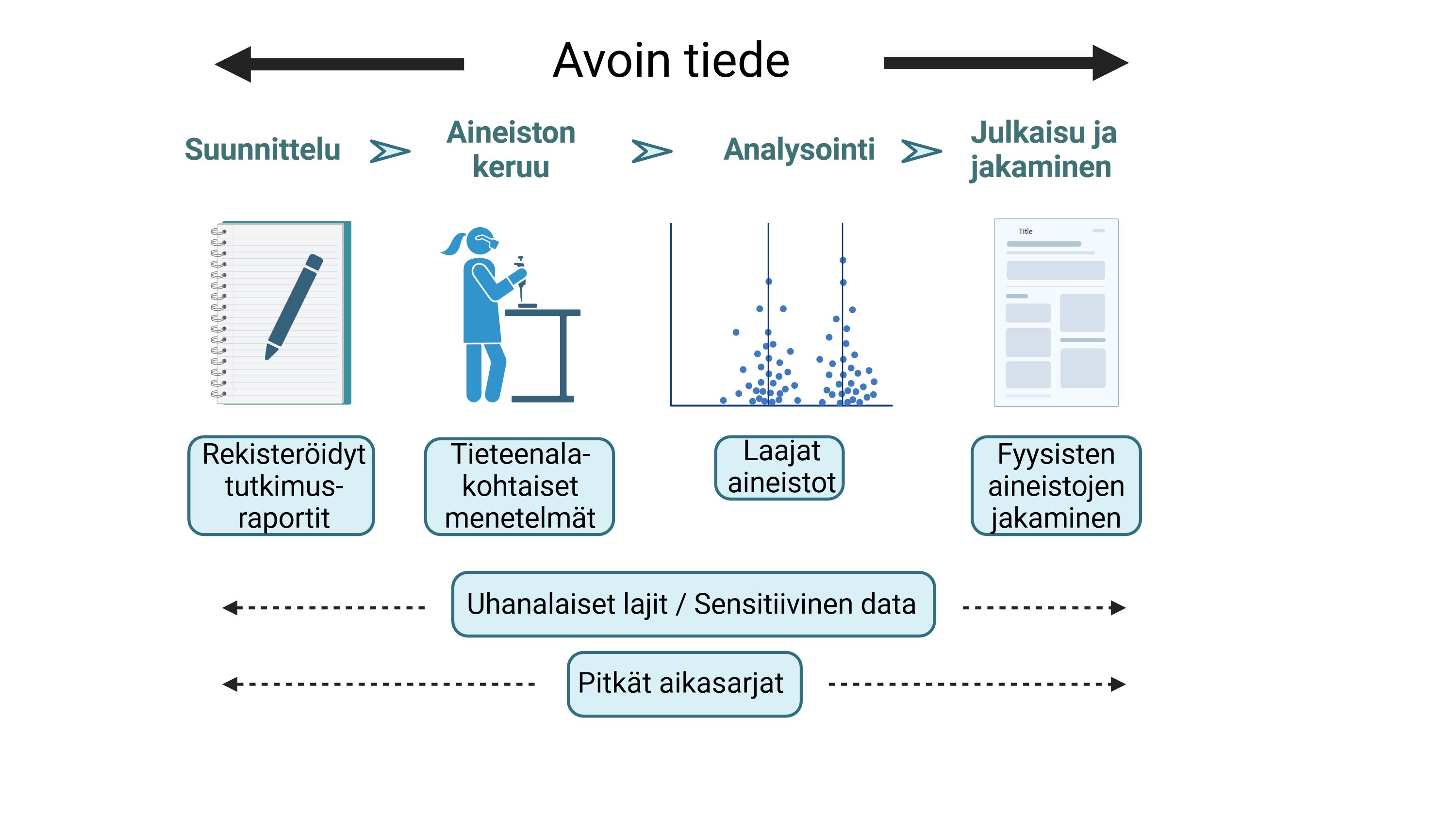 Avoimen tieteen käytäntöjä voidaan hyödyntää tutkimuksen kaikissa eri vaiheissa, kuten suunnittelussa, aineiston keruussa ja julkaisuvaiheessa. Kuvassa muutamia ekologian ja evoluutiobiologian aloille ominaisia tutkimuksen eri vaiheisiin liittyviä aiheita, joihin voidaan soveltaa avoimen tieteen käytäntöjä. Kuva on luotu käyttäen BioRender.com -ohjelmaa.