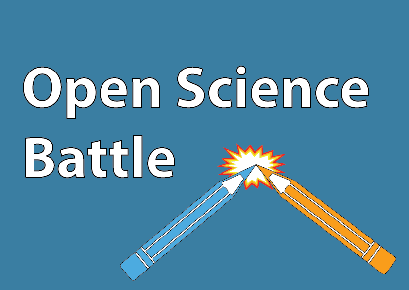 Teksti: Open Science Battle, jonka vieressä on kaksi keskenään kamppailevaa lyijykynää.