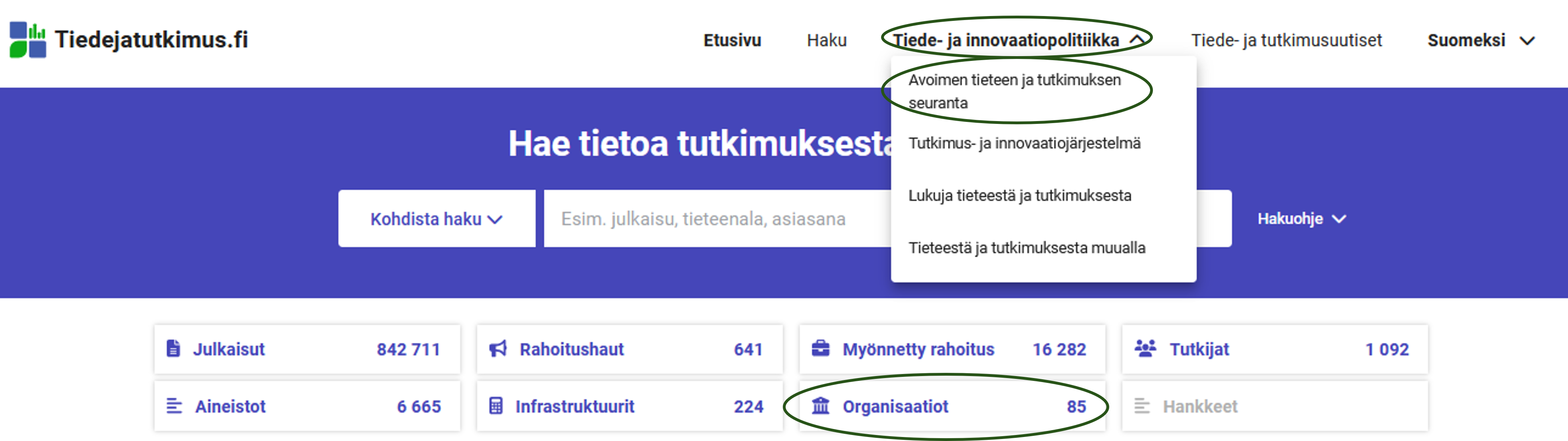 Navigointipolku seurannan tuloksiin tiedejatutkimus.fi-portaalissa.