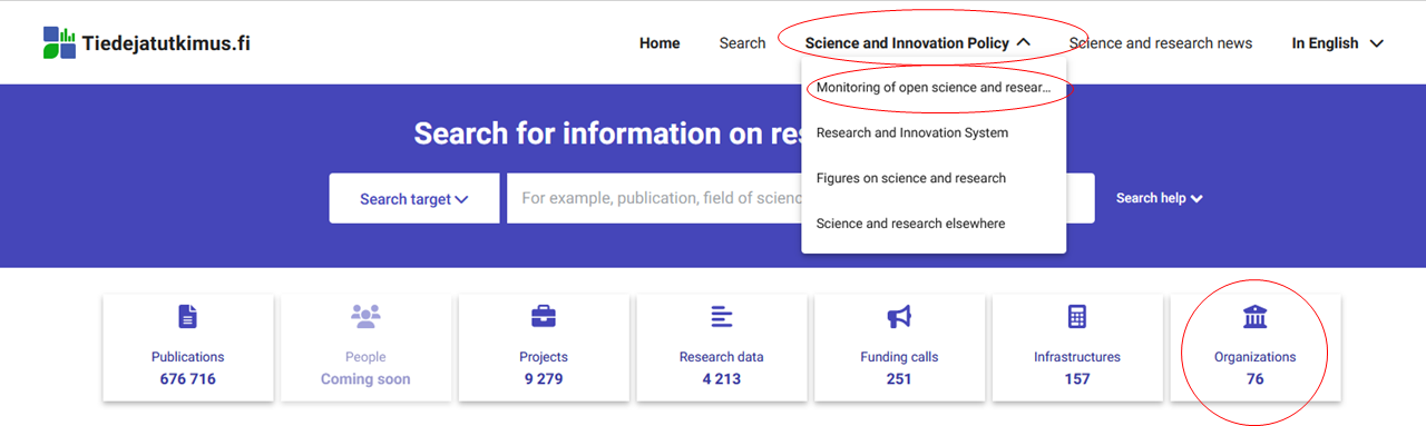 Navigating path to monitoring results in the research.fi -portal.