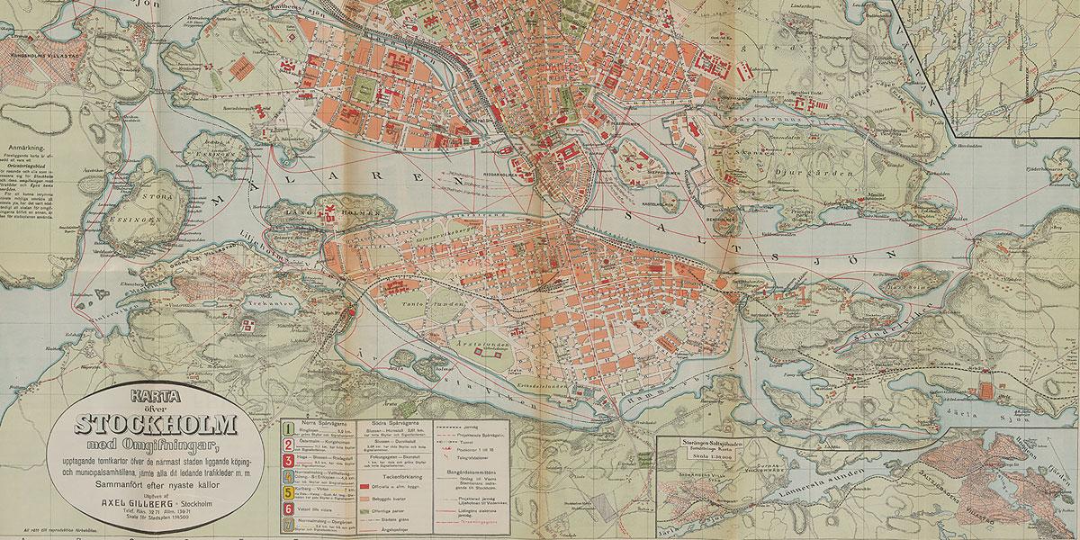 Axel Gillbergin julkaisema Tukholman kartta vuodelta 1906
