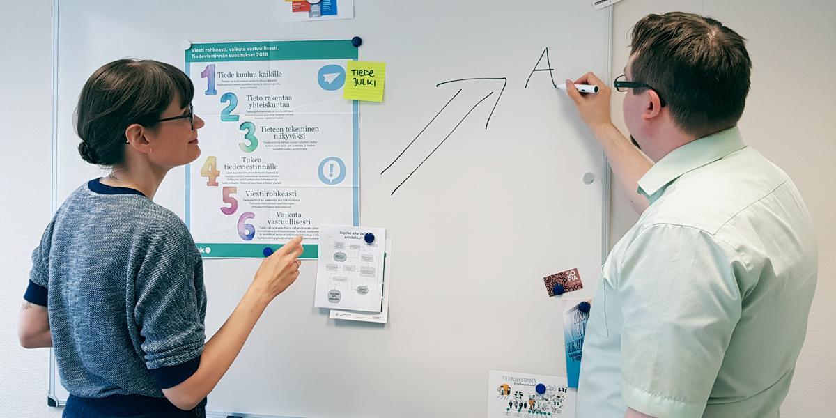 Two people at a whiteboard, photographed from behind.