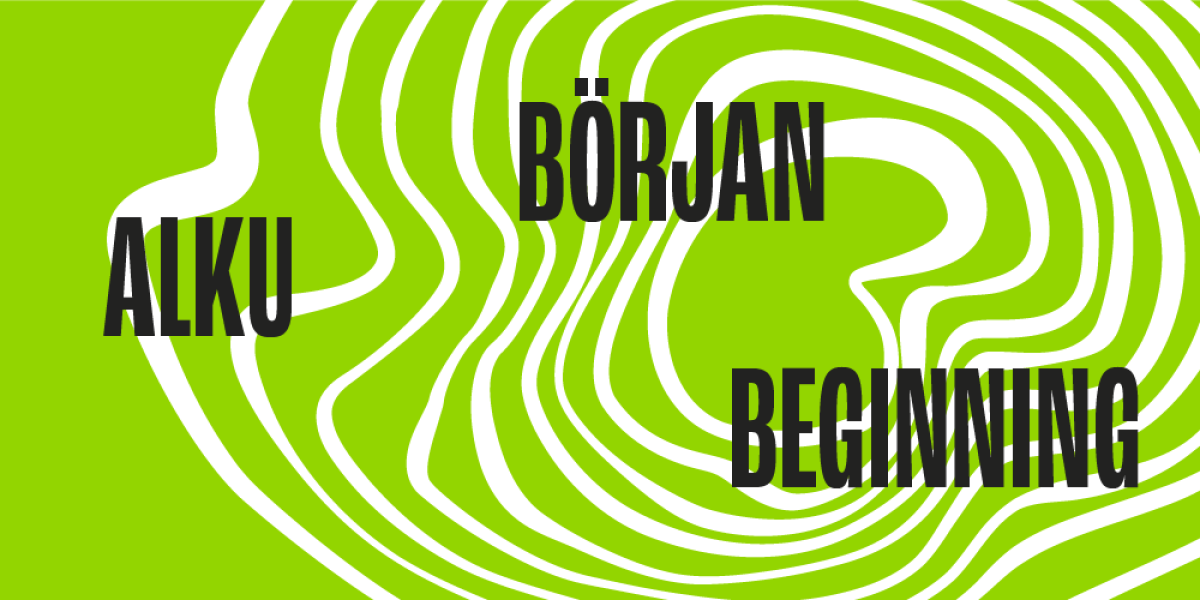 Text: Alku, Början, Beginning. In the background, green and white graphics.