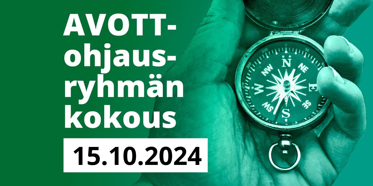 Vihreäsävyinen kuva, jossa näkyy kompassia kädessään pitelevä henkilö. Kuvassa on myös teksti 'AVOTT-ohjausryhmän kokous 15.10.2024' valkoisilla kirjaimilla.