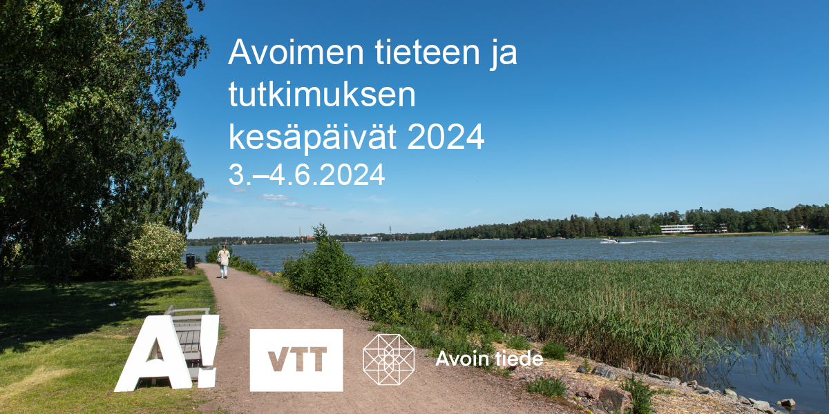 Tapahtuman kuvituskuva, jossa on vesistön rannalla oleva polku. Mukaan on lisätty järjestäjien logot sekä teksti: Avoimen tieteen ja tutkimuksen kesäpäivät 2024. 3.–4.6.2024.