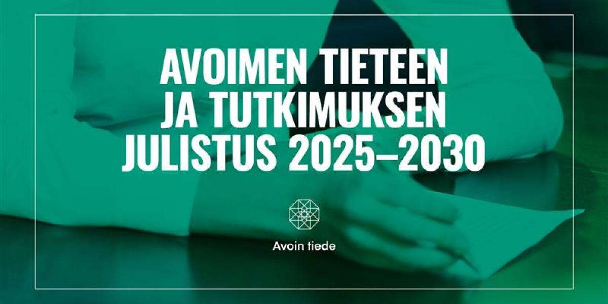 Teksti: Avoimen tieteen julistus. Taustalla grafiikkaa paperia allekirjoittavasta kynästä.