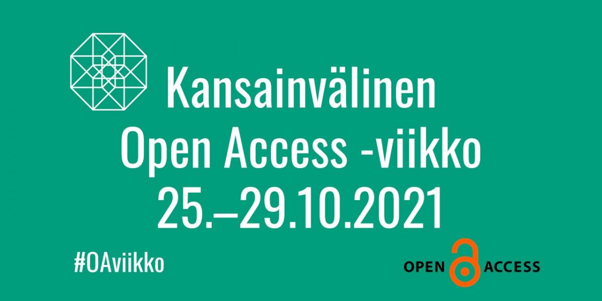 Vihreällä pohjalla Avoimen tieteen logo ja teksti Kansainvälinen Open Access -viikko päivämäärineen.