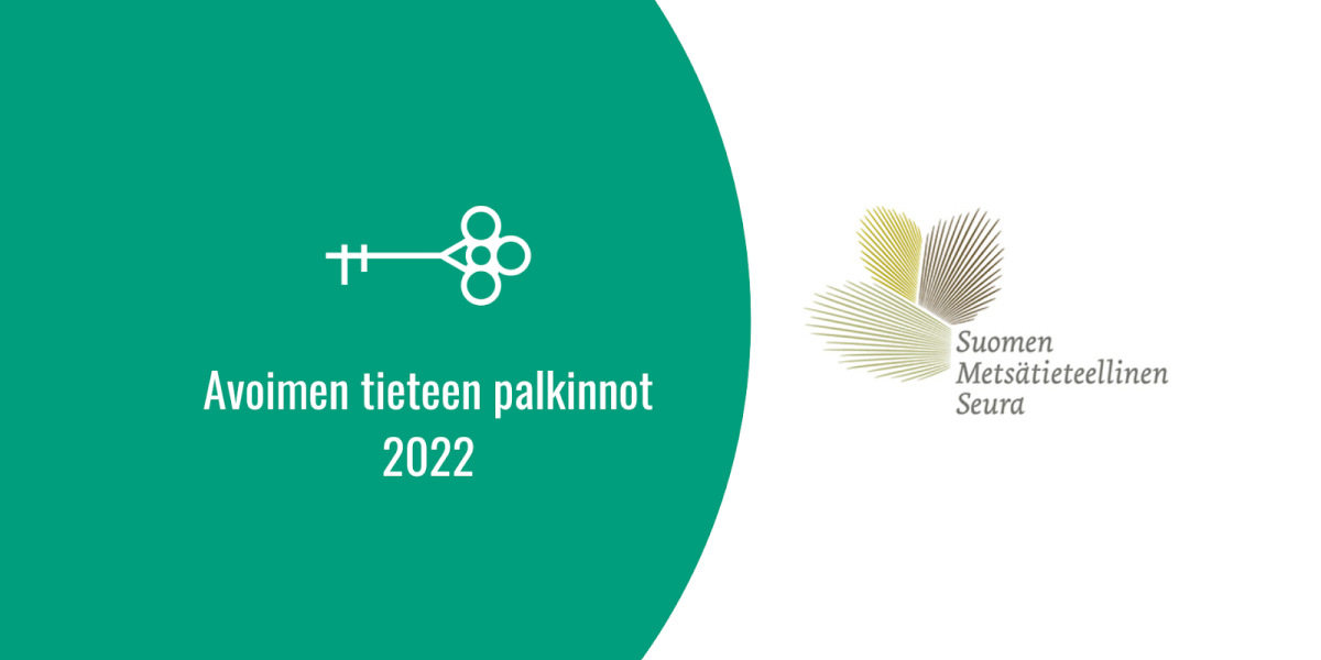 Avain vihreällä taustalla, teksti Avoimen tieteen palkinnot 2022 ja Suomen Metsätieteellisen seuran logo.