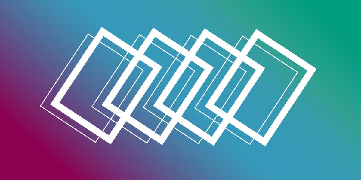 Four overlapping white rectangles against a lilac, blue and green background.