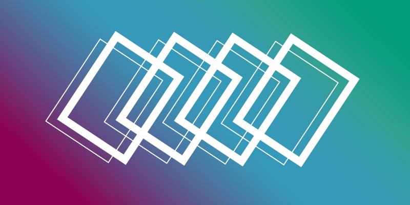 Four overlapping white rectangles against a lilac, blue and green background.