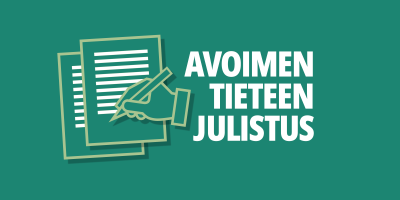 Teksti: Avoimen tieteen julistus. Taustalla grafiikkaa paperia allekirjoittavasta kynästä.
