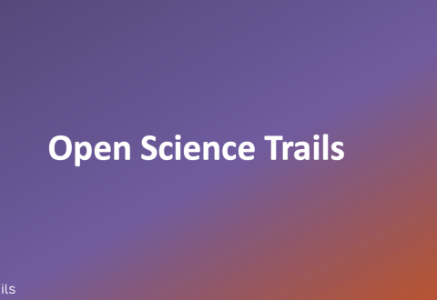 Teksti: "Open Science Trails" purppuran ja oranssin värisellä taustalla.