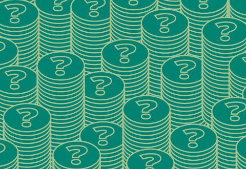 Pinoittain kolikoita, joissa kuvana kysymysmerkki.