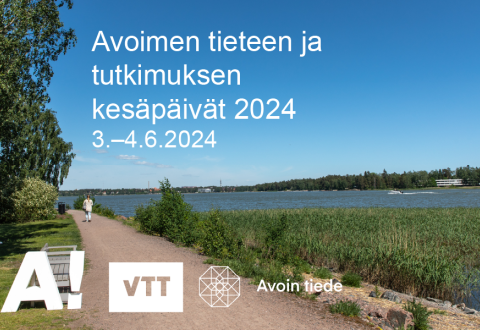 Foto på en promenadväg vid stranden i somrigt landskap. På bilden finns arrangörernas logotyper och texten "Sommardagarna i öppen vetenskap 2024. 3-4 juni 2024" på finska.