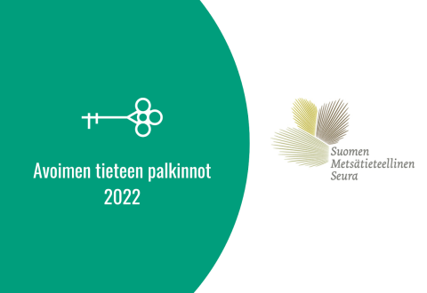 Avain vihreällä taustalla, teksti Avoimen tieteen palkinnot 2022 ja Suomen Metsätieteellisen seuran logo.