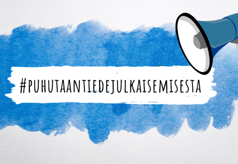 On blue background a hashtag "puhutaan tiedejulkaisemisesta" and a megaphone.